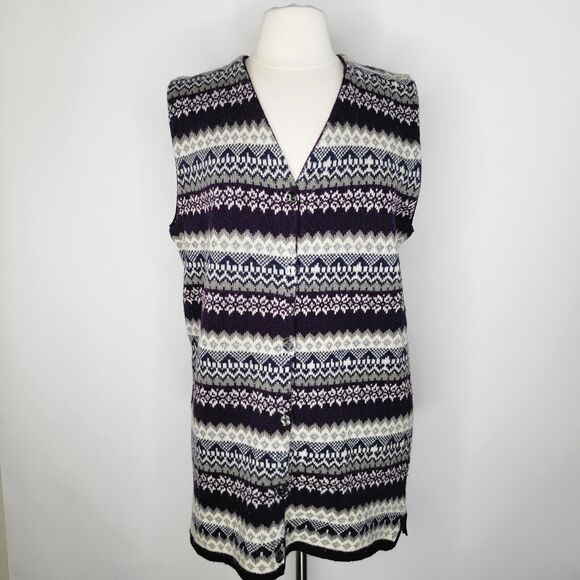 Vintage B.P. Fair Isle Lambs Wool Longline Sweater Vest Size L Sleeveless Nordic - Picture 1 of 10